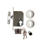 Serratura per porte Scorrevoli "KLOSE besser" con Cilindro - Bianco, con Accessori.