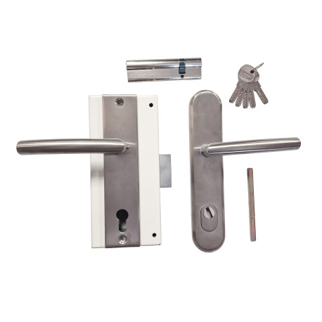 Ensemble Complet 2 pour Porte en REMPLACEMENT FICHET :Serrure MOTTURA + Cylindre 30 x 85 mm+ Paire Poignées BLINDEES INOX  SECUR