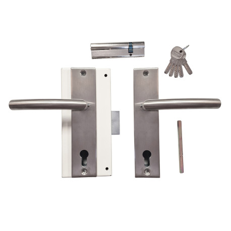 Ensemble Complet 1 pour Porte en REMPLACEMENT FICHET :Serrure MOTTURA  + Cylindre 30 x 80 mm+ Paire Poignées INOX 304"Sans Souci