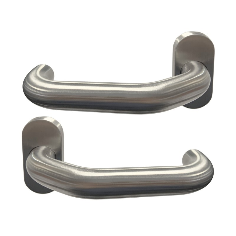 Par de tiradores de puerta «Germany» de Klose, de acero inox 316, con roseta ovalada + par de rosetas ovaladas cilindro