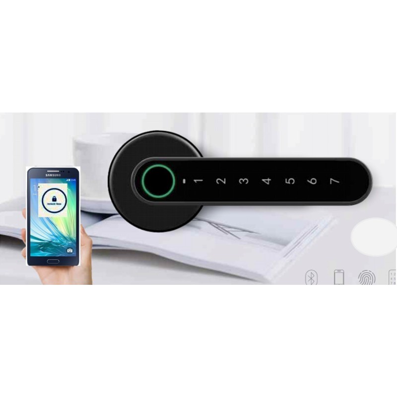 Manilla de puerta electrónica con apertura mediante código de 7 dígitos Bluetooth/huellas dactilares /llave tradicional /NEGRA