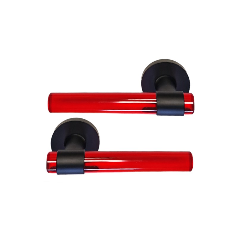 Poignées de Porte "JOY" ROUGES Plexiglas Cristallines sur Pieds Inox Noirs.