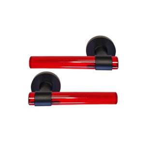 Tiradores de puerta de cristal de plexiglás ROJO «JOY» sobre patas de acero inoxidable negro.